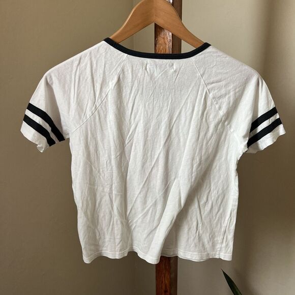 Abercrombie & Fitch Graphic T-Shirt Crop Top Ringer Logo Varsity Stripe White XS - Picture 3 of 7